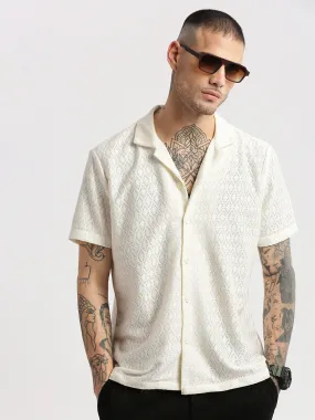 Men Cuban Collar Solid Cream Crochet Shirt