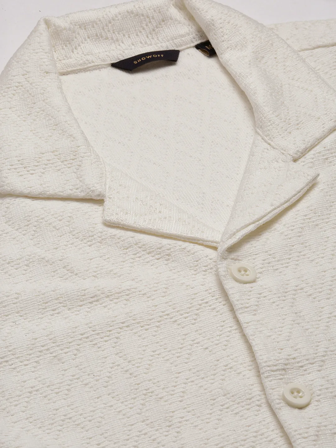 Men Cuban Collar Solid Cream Crochet Shirt