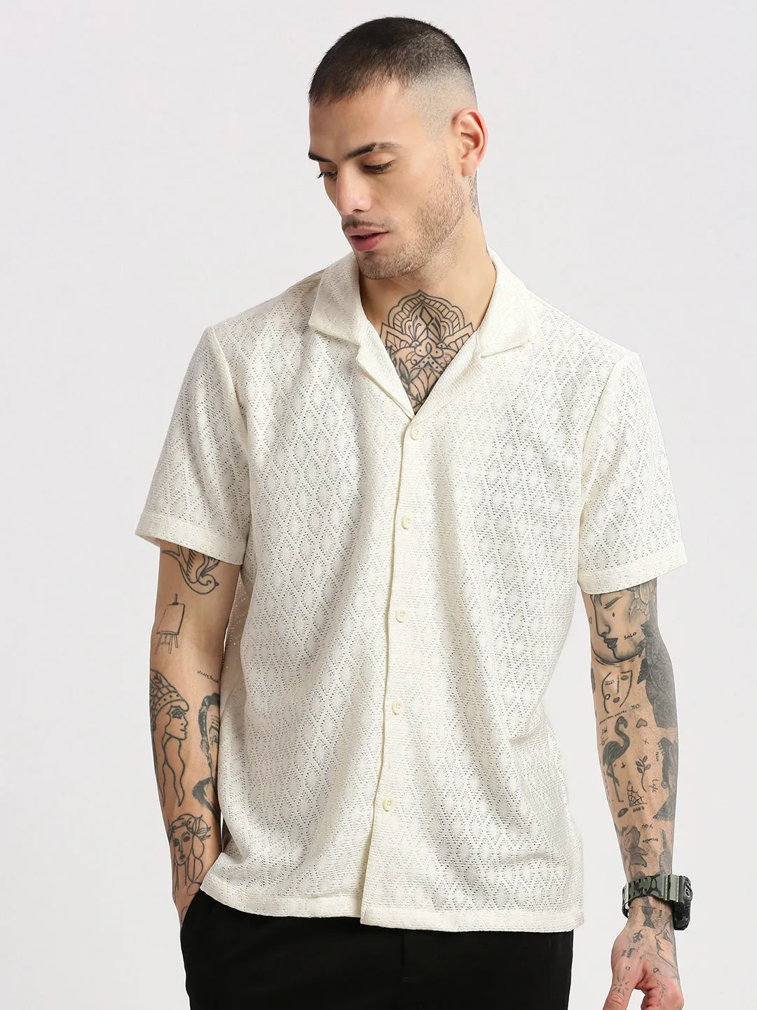 Men Cuban Collar Solid Cream Crochet Shirt