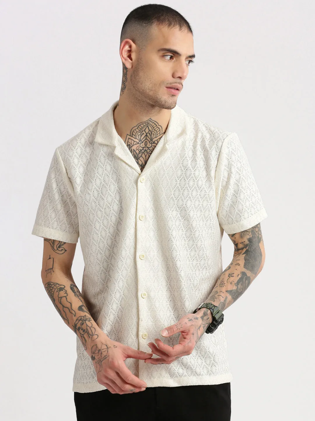 Men Cuban Collar Solid Cream Crochet Shirt