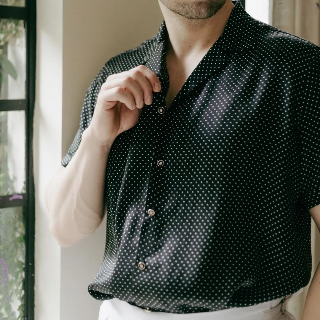 Mens Black Dotted Short Sleeve Silk Shirt