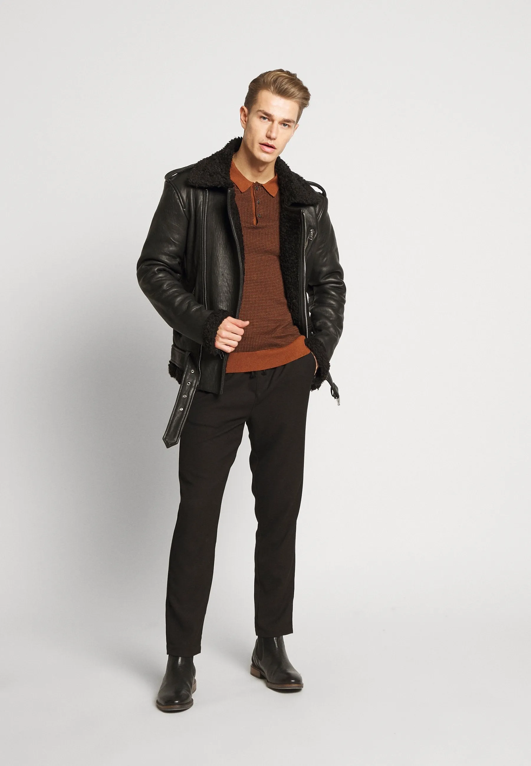 Men's Black Leather Black Shearling Biker Jacket