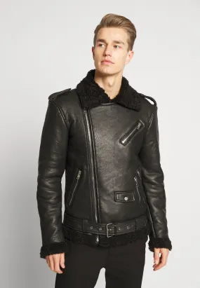 Men's Black Leather Black Shearling Biker Jacket