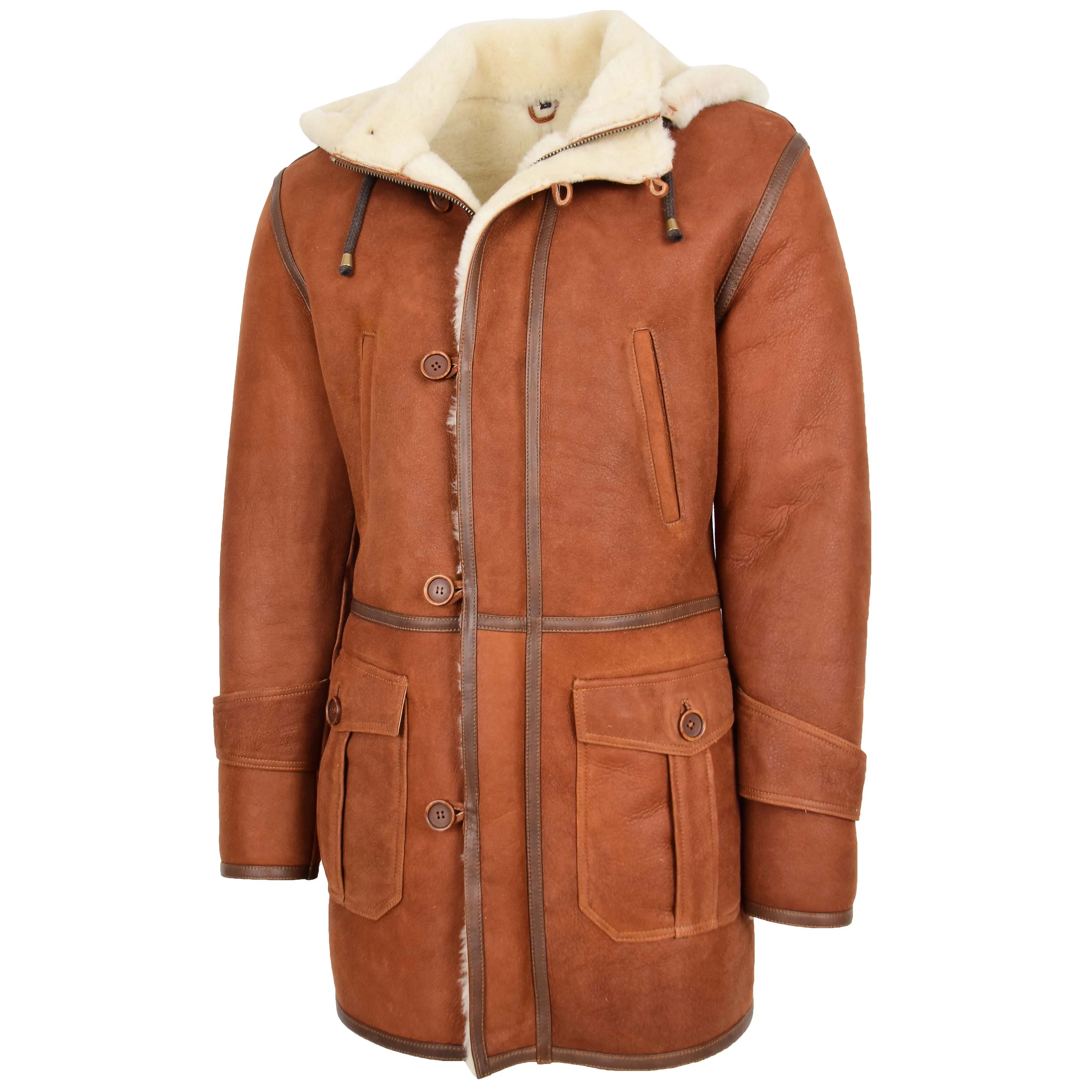 Mens Real Sheepskin Duffle Hooded Coat Vincent Whiskey