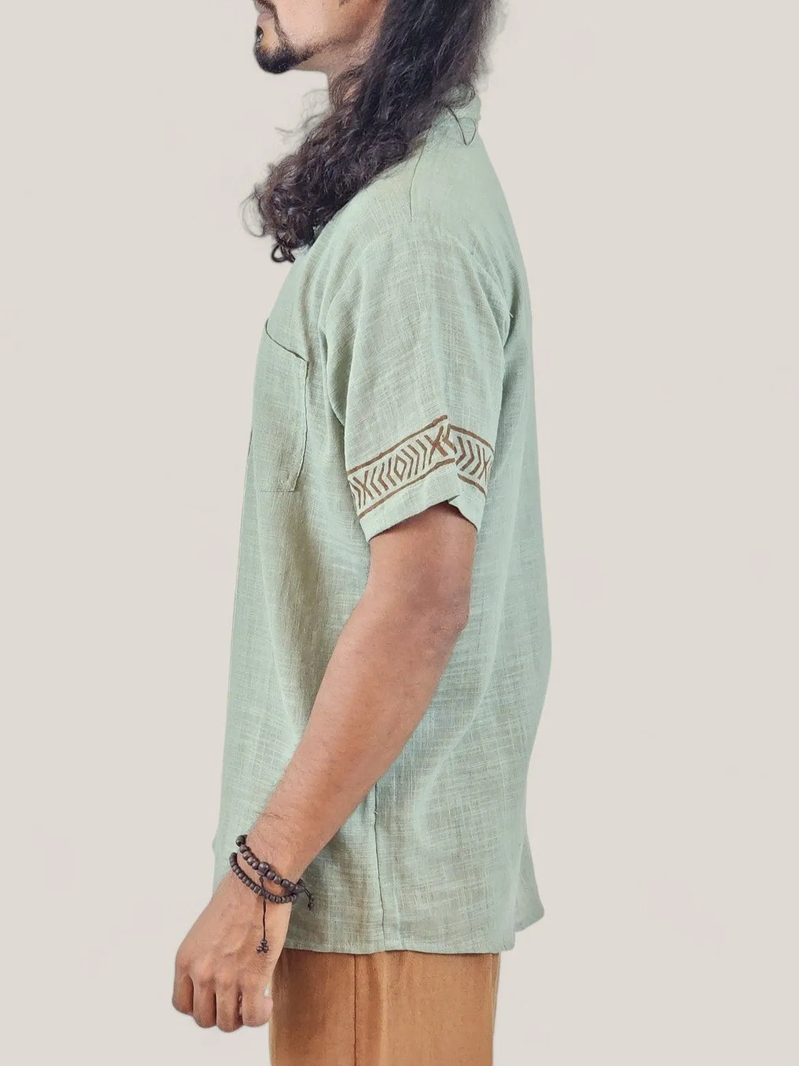 Men's Sage Organic Linen Short Sleeve Block-Printed Button-Down Shirt