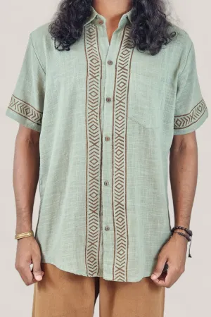 Men's Sage Organic Linen Short Sleeve Block-Printed Button-Down Shirt