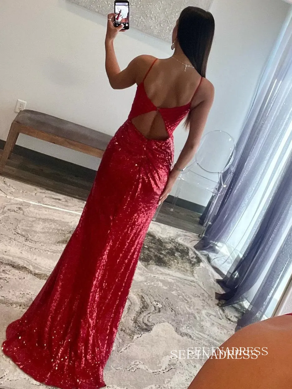 Mermaid Red Sequin Plunge V Backless Maxi Dress with Slit lpk808