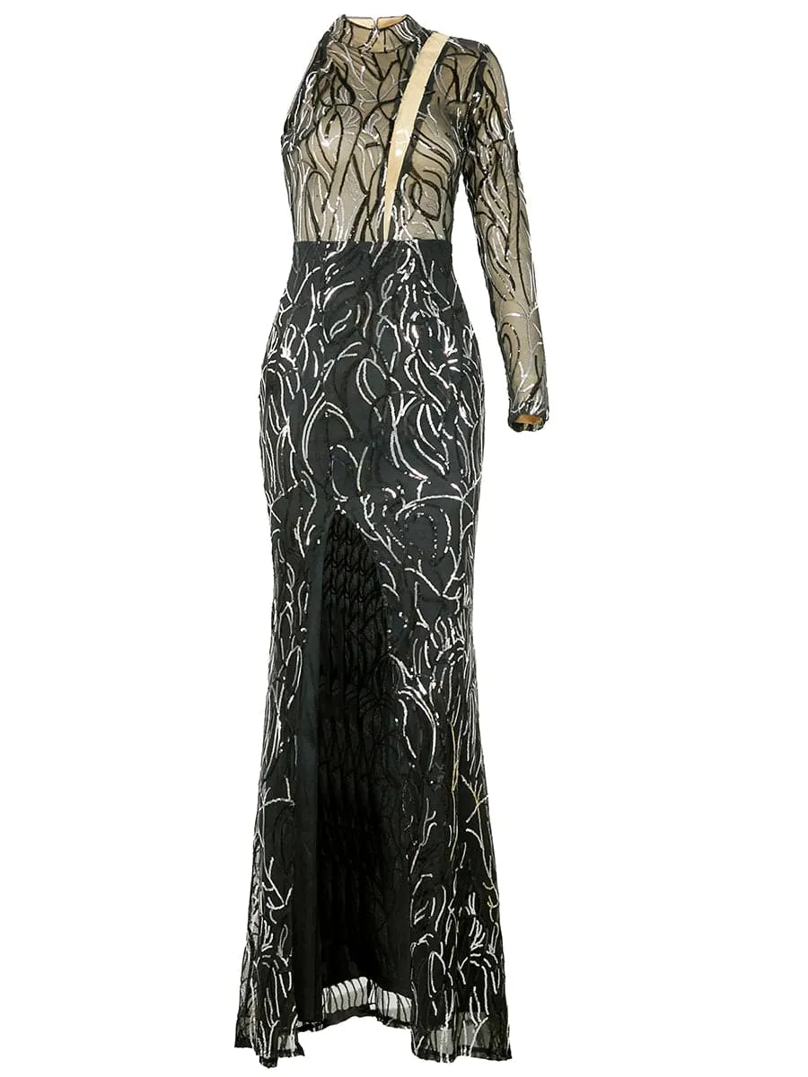 Mock Neck Cut Out Sequin Prom Dress Black XJ273