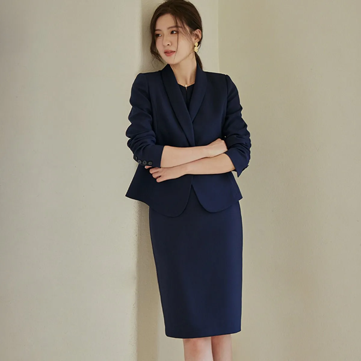 Navy Double-Breasted Blazer and Pencil Skirt Set