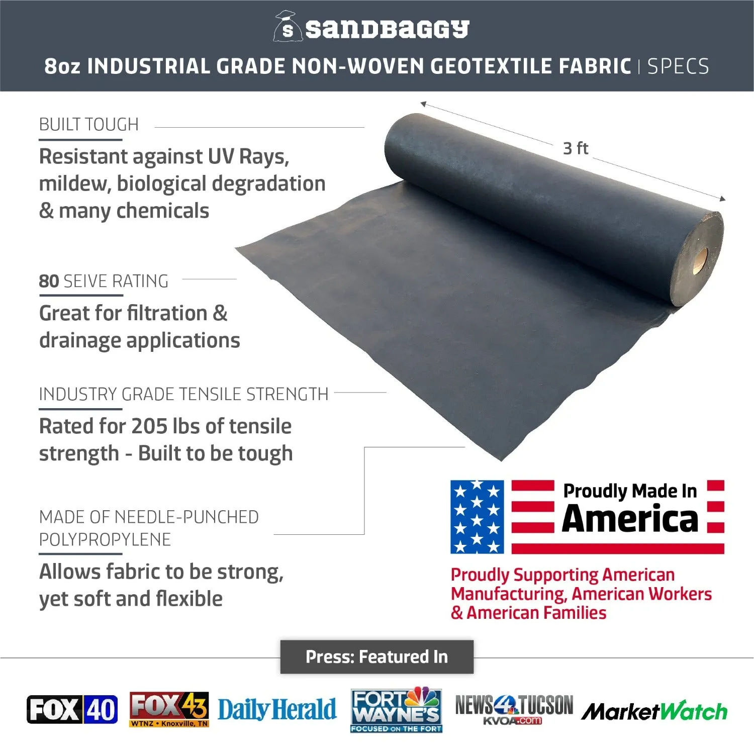 Non-Woven Geotextile Paver Underlayment Fabric (8 oz) - All Pavers Types - Made in USA