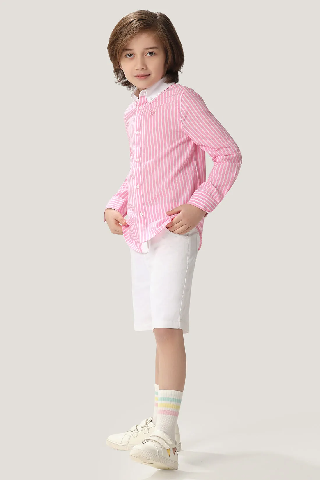 One Friday Boys Pink & White Striped Cotton Shirt