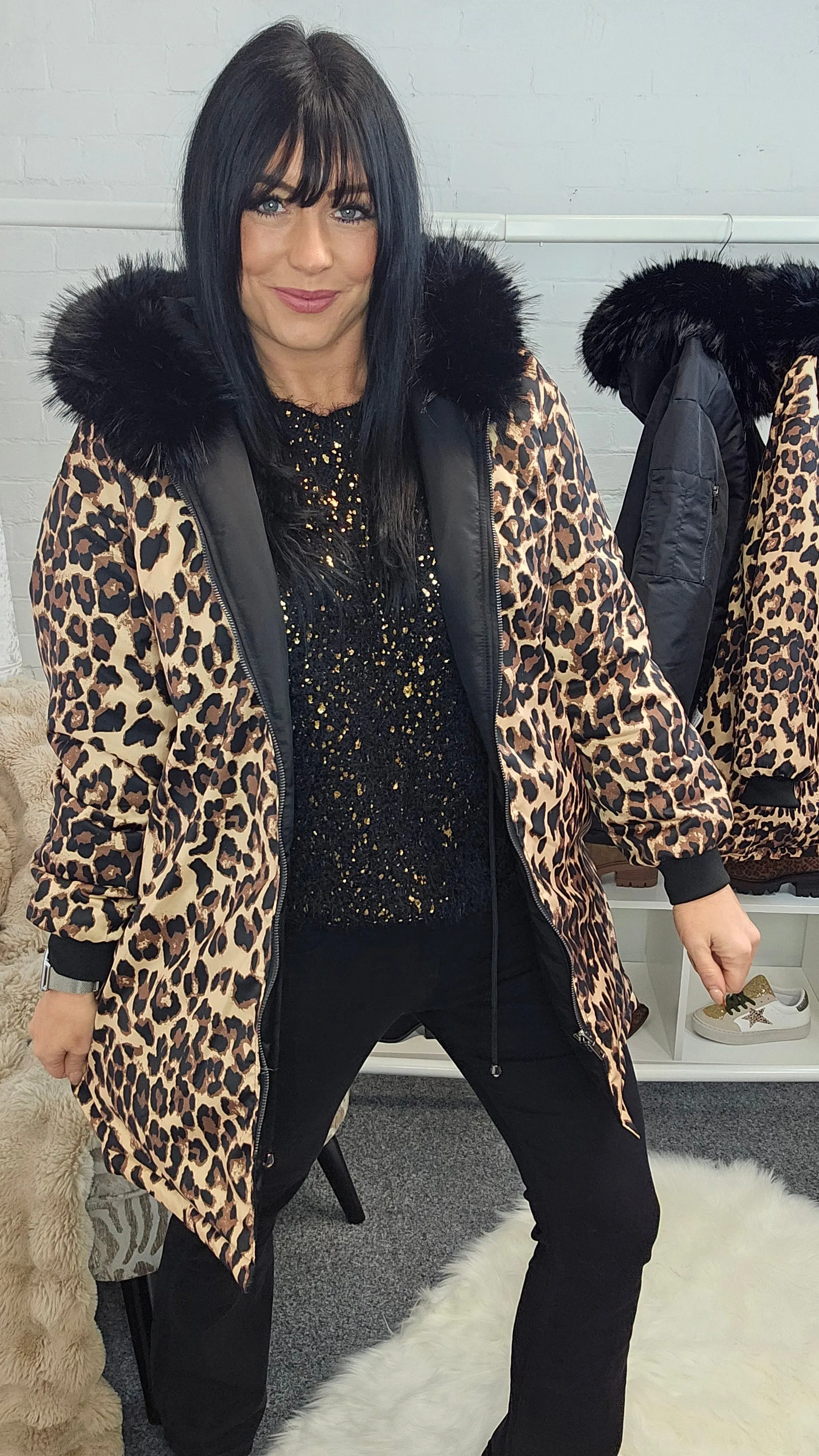 Oslo Kia Leopard Reversible Coat - Black (choose your Size)