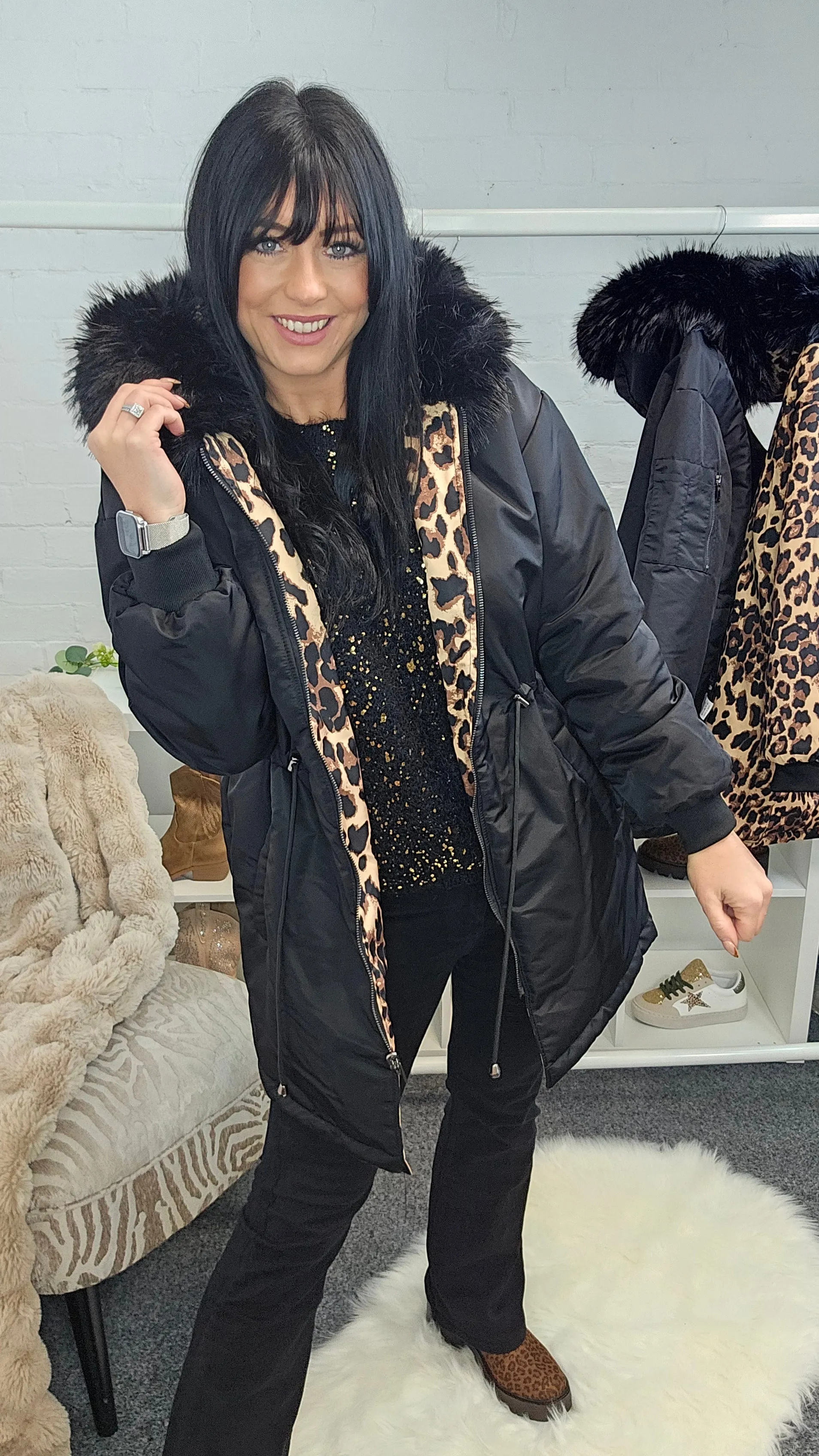 Oslo Kia Leopard Reversible Coat - Black (choose your Size)