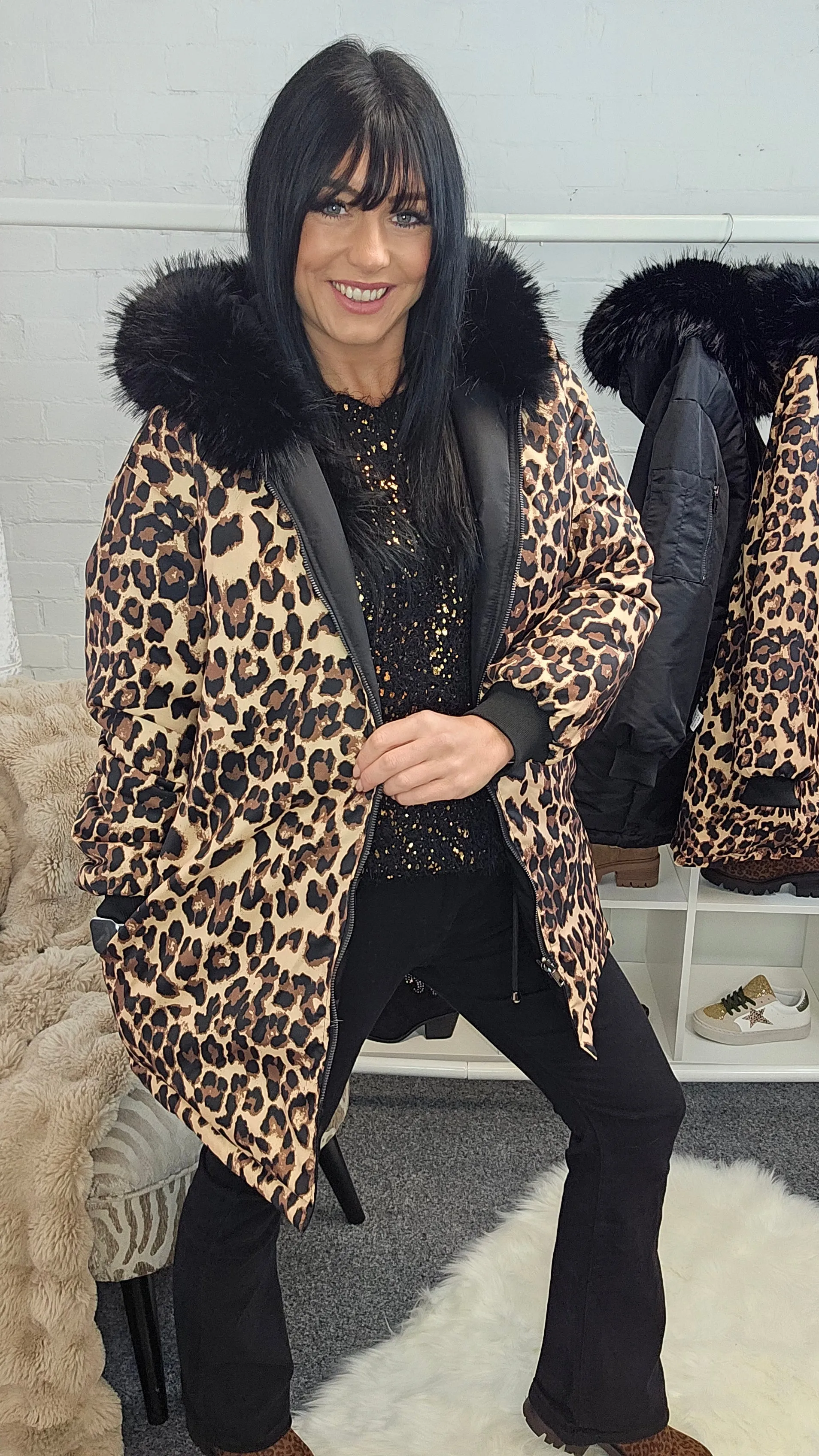 Oslo Kia Leopard Reversible Coat - Black (choose your Size)