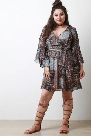 Paisley Print Surplice Bell Sleeve Dress