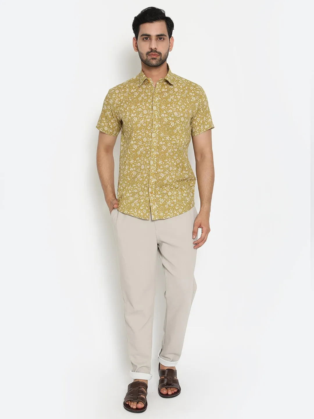 Pale yellow Short Sleeve Cotton Hand Block Printed Men’s Shirt