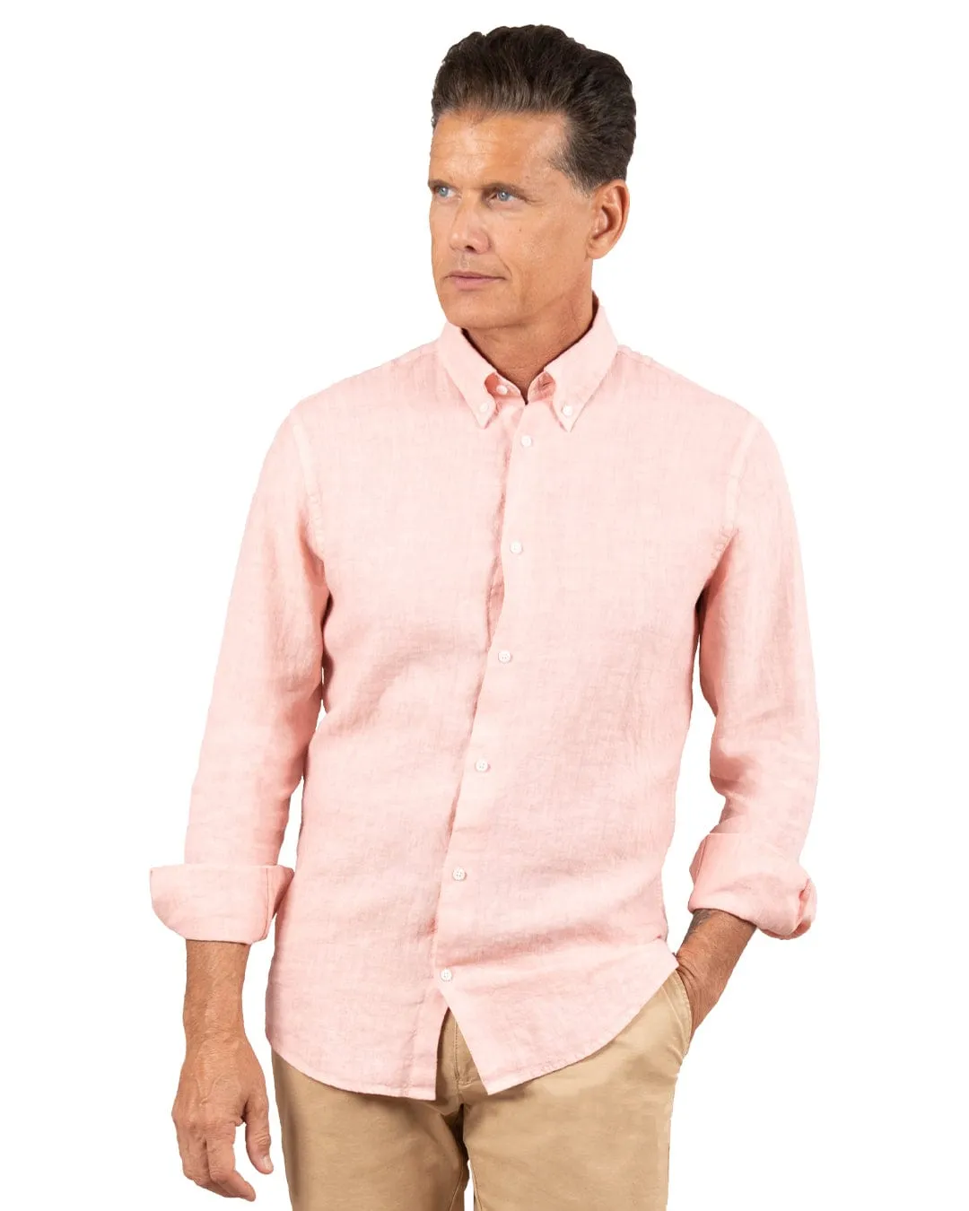 Peach Slim Fit Linen Button-Down Shirt