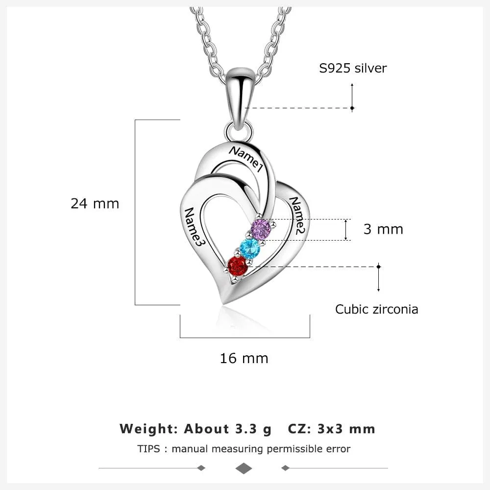 Personalized Women’s 925 Sterling Silver Necklace & Heart-Shaped Engrave Name Pendant with Birthstones, Classic Jewelry Gift for Girlfriend