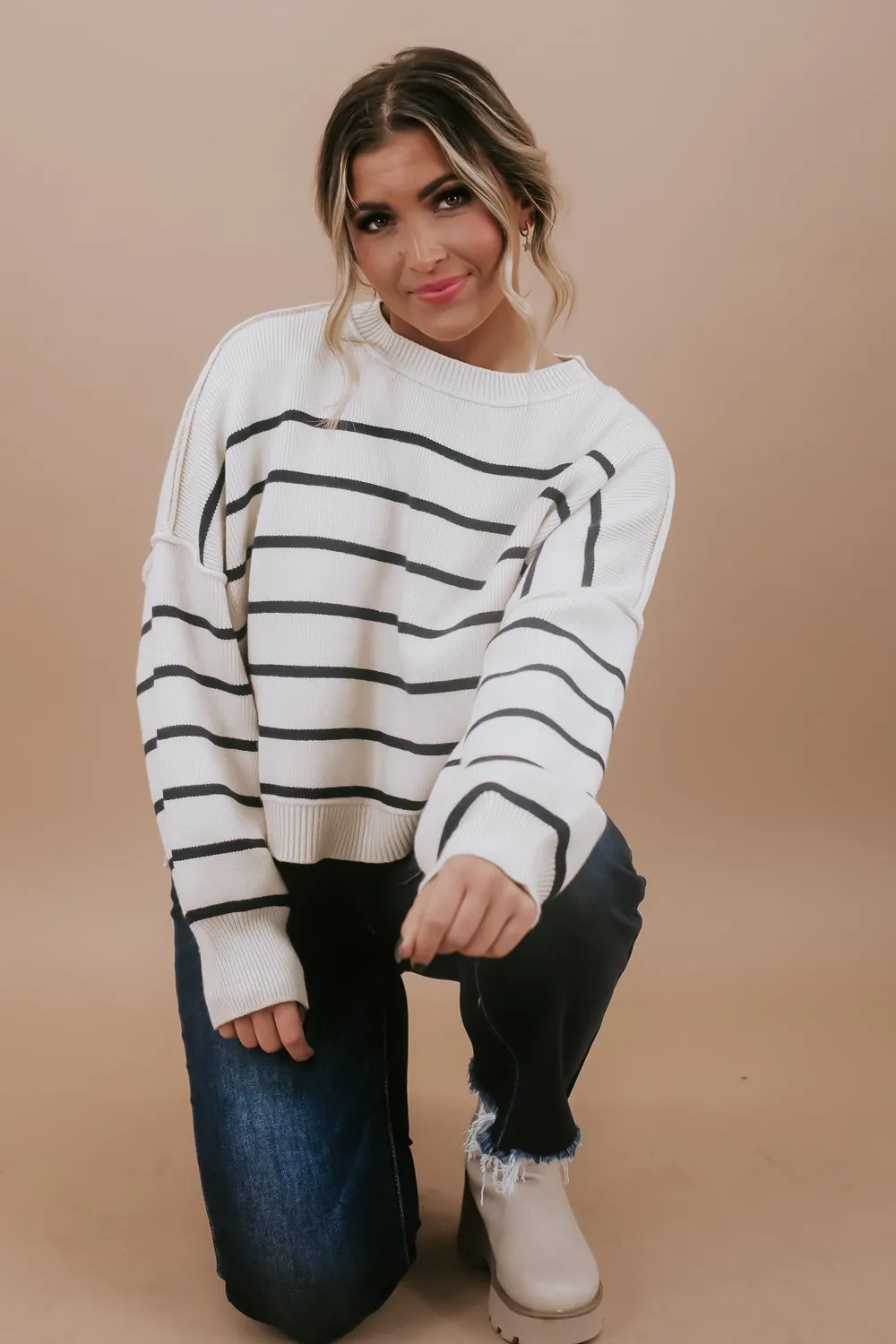 Relaxed Cropped Sweater, Cream/Navy