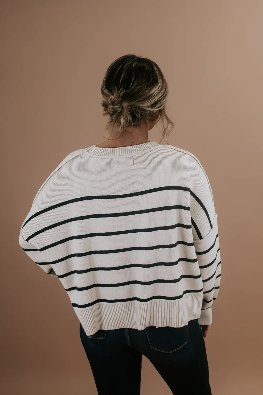 Relaxed Cropped Sweater, Cream/Navy