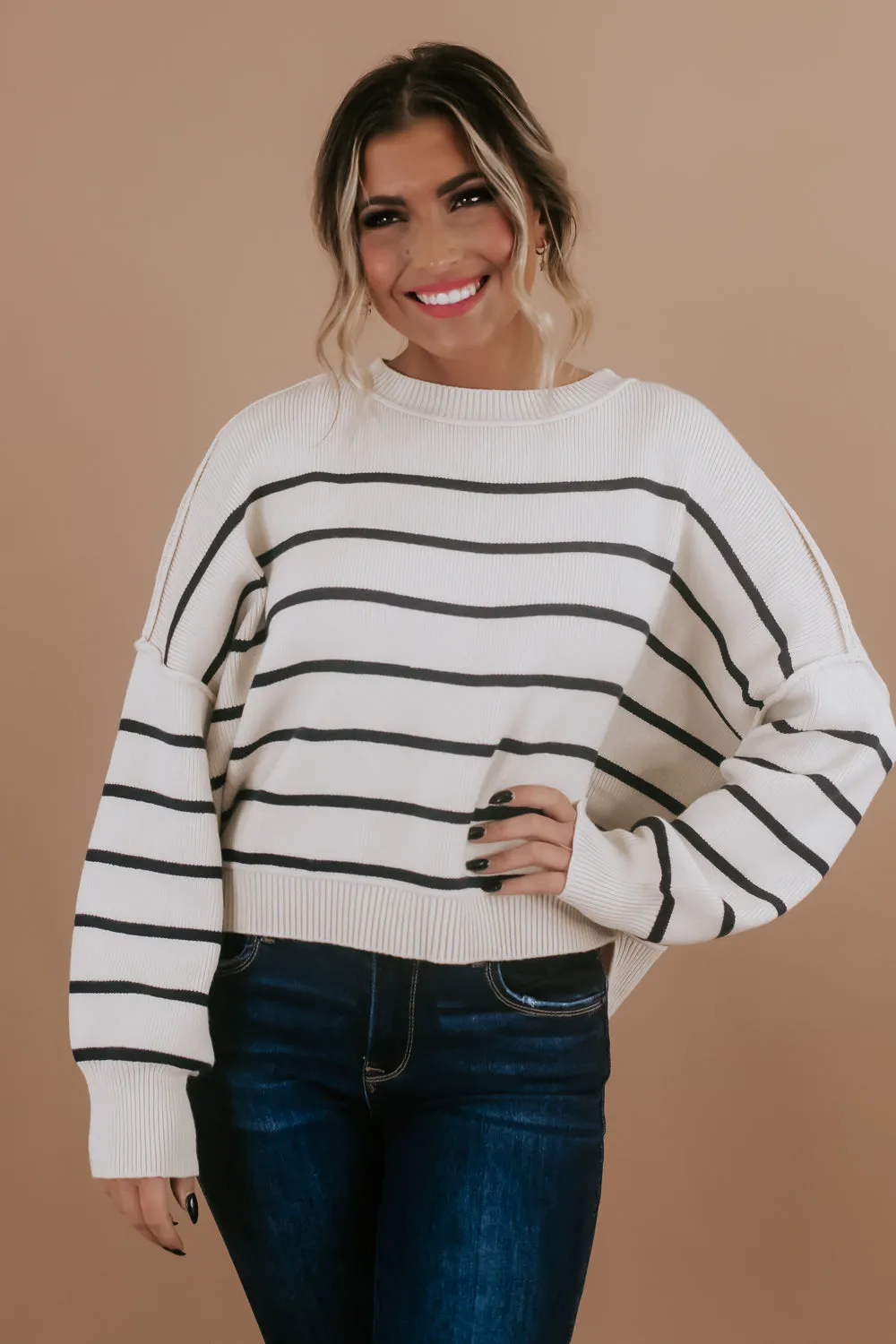 Relaxed Cropped Sweater, Cream/Navy