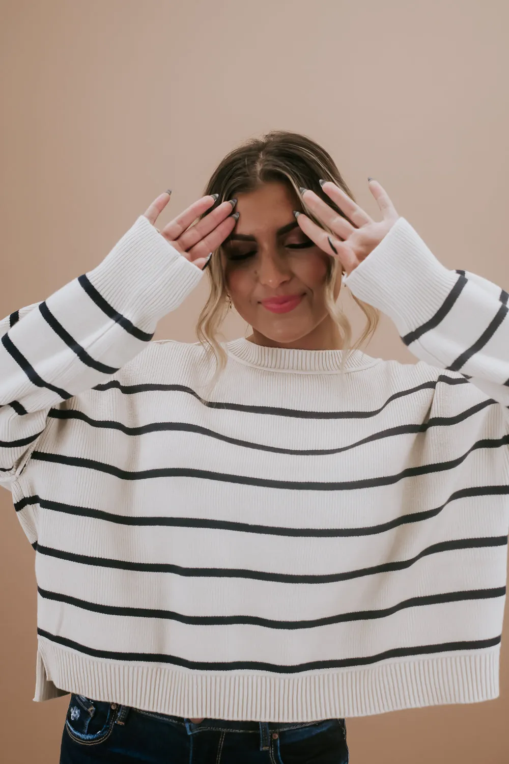 Relaxed Cropped Sweater, Cream/Navy