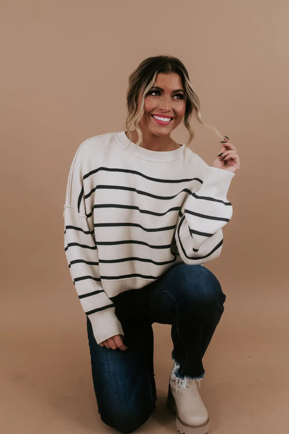 Relaxed Cropped Sweater, Cream/Navy