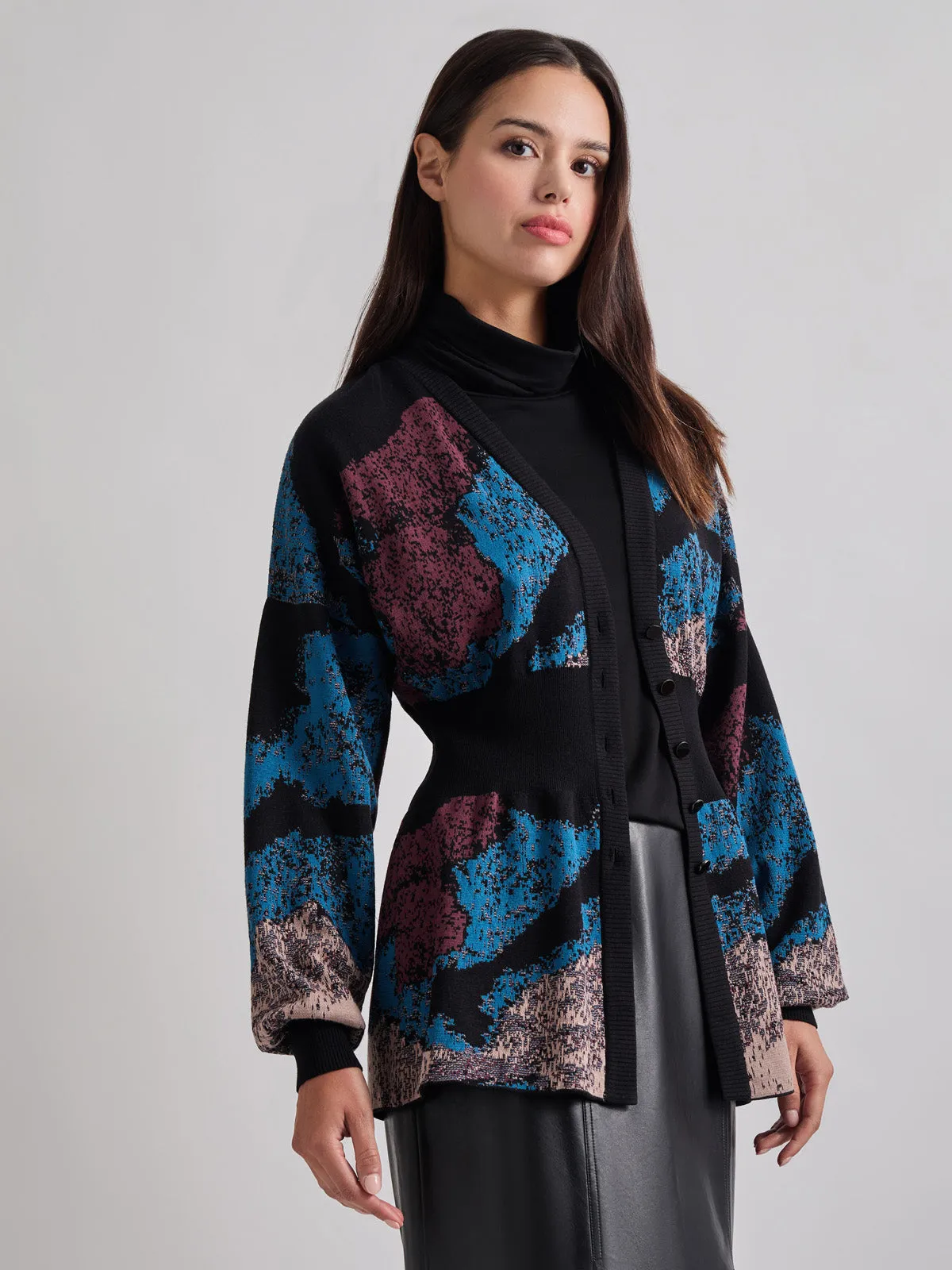 Relaxed Fit Abstract Inset Waist Jacquard Knit Cardigan