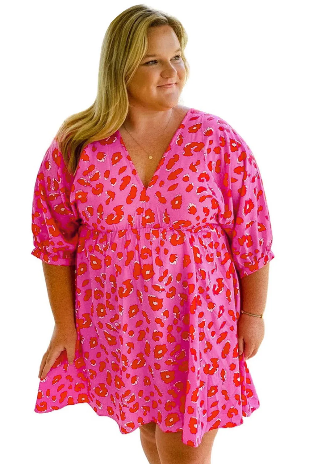 Rose Plus Size 3/4 Sleeves V Neck Leopard Dress