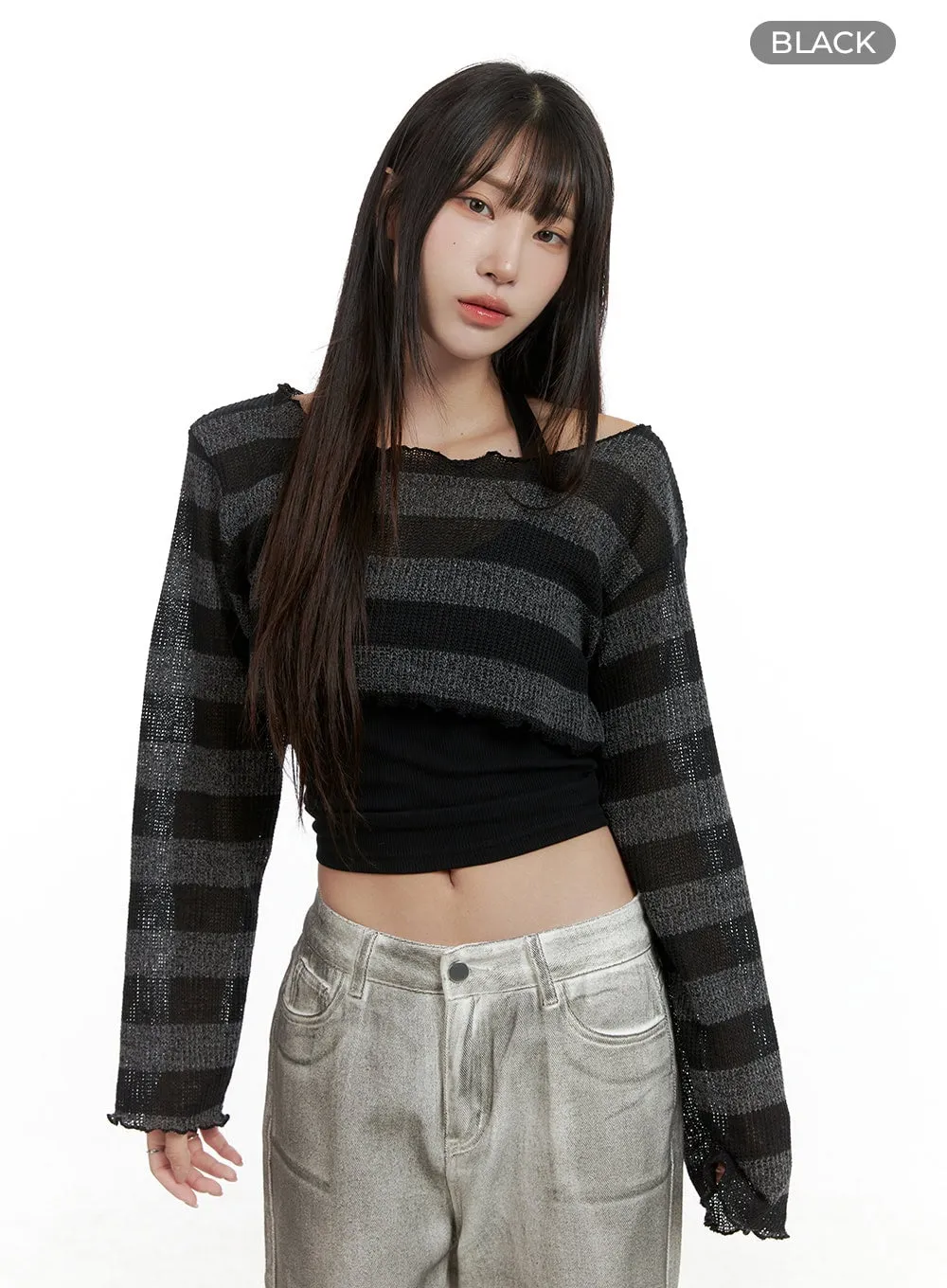 Sheer Striped Crop Sweater CL424