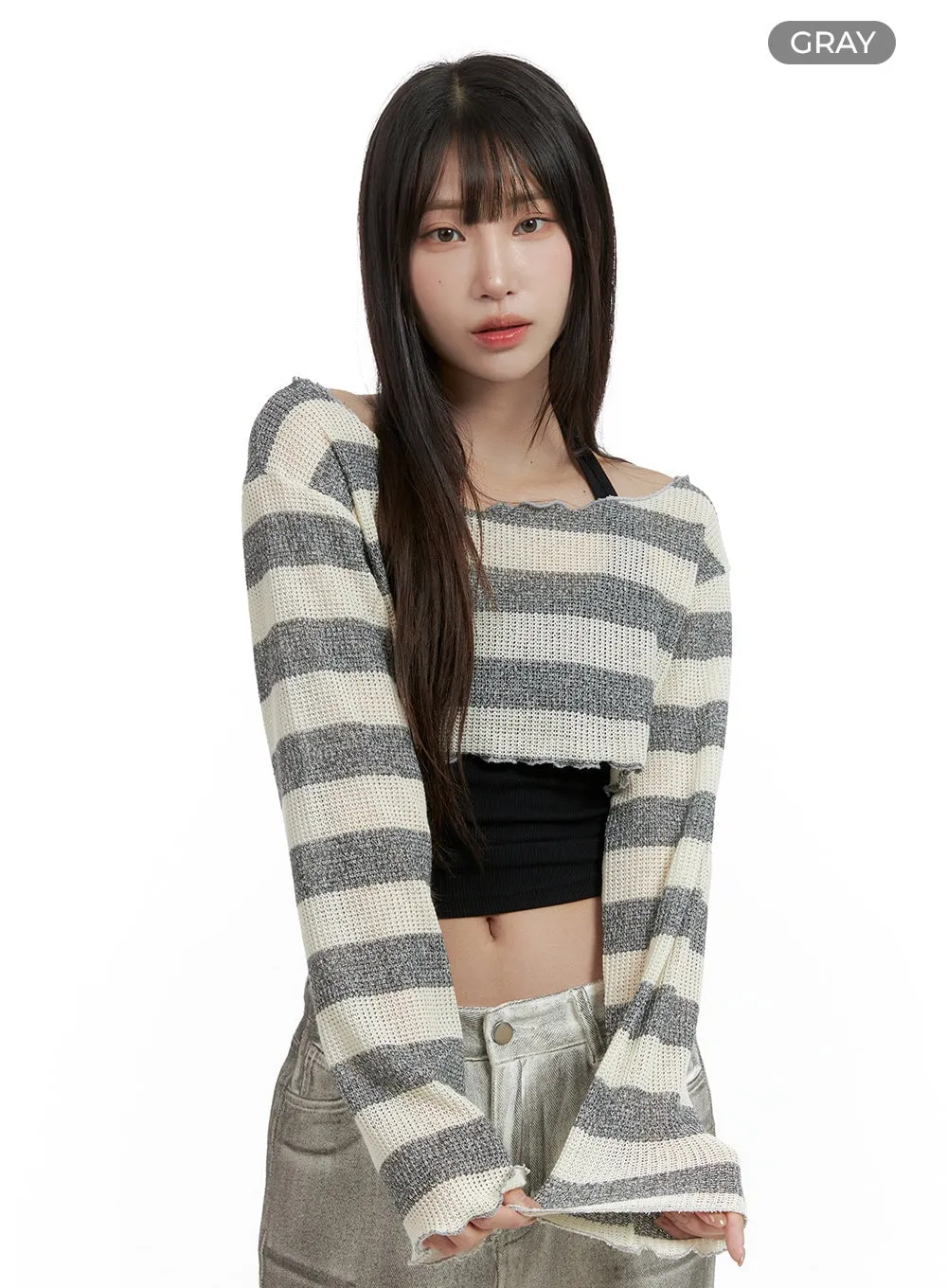 Sheer Striped Crop Sweater CL424