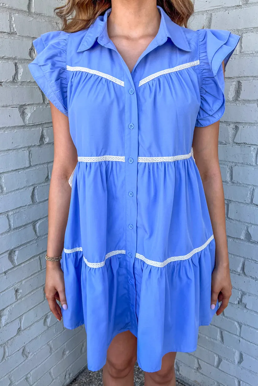 Sky Blue Collared Ruffle Tiered Babydoll Dress