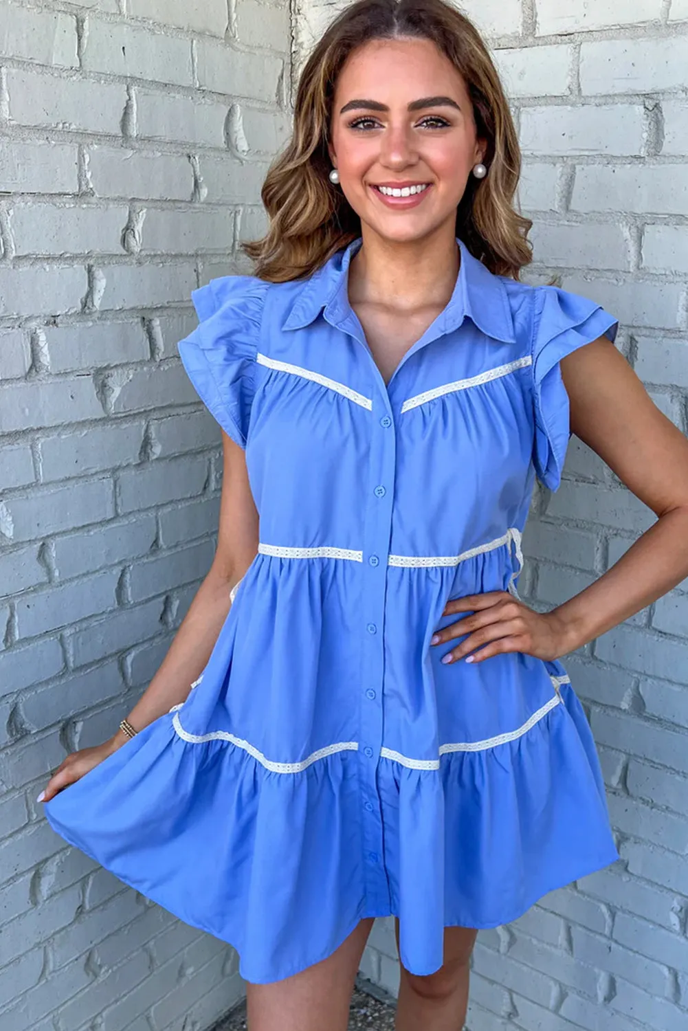 Sky Blue Collared Ruffle Tiered Babydoll Dress