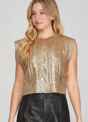 Sleeveless Metallic Crop Sweater in Light Gold by She Sky