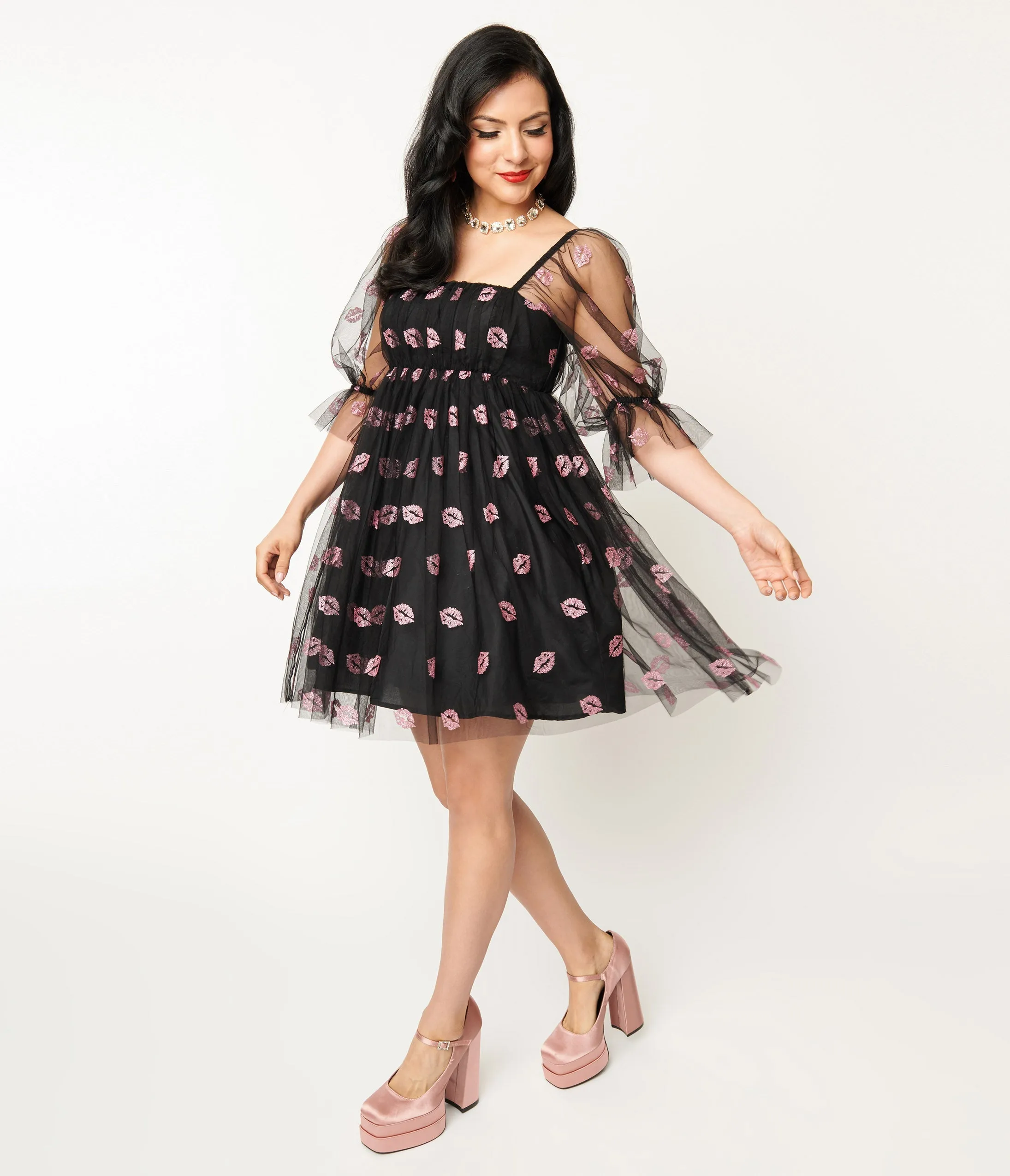 Smak Parlour Black & Pink Glitter Lips Love Interest Babydoll Dress