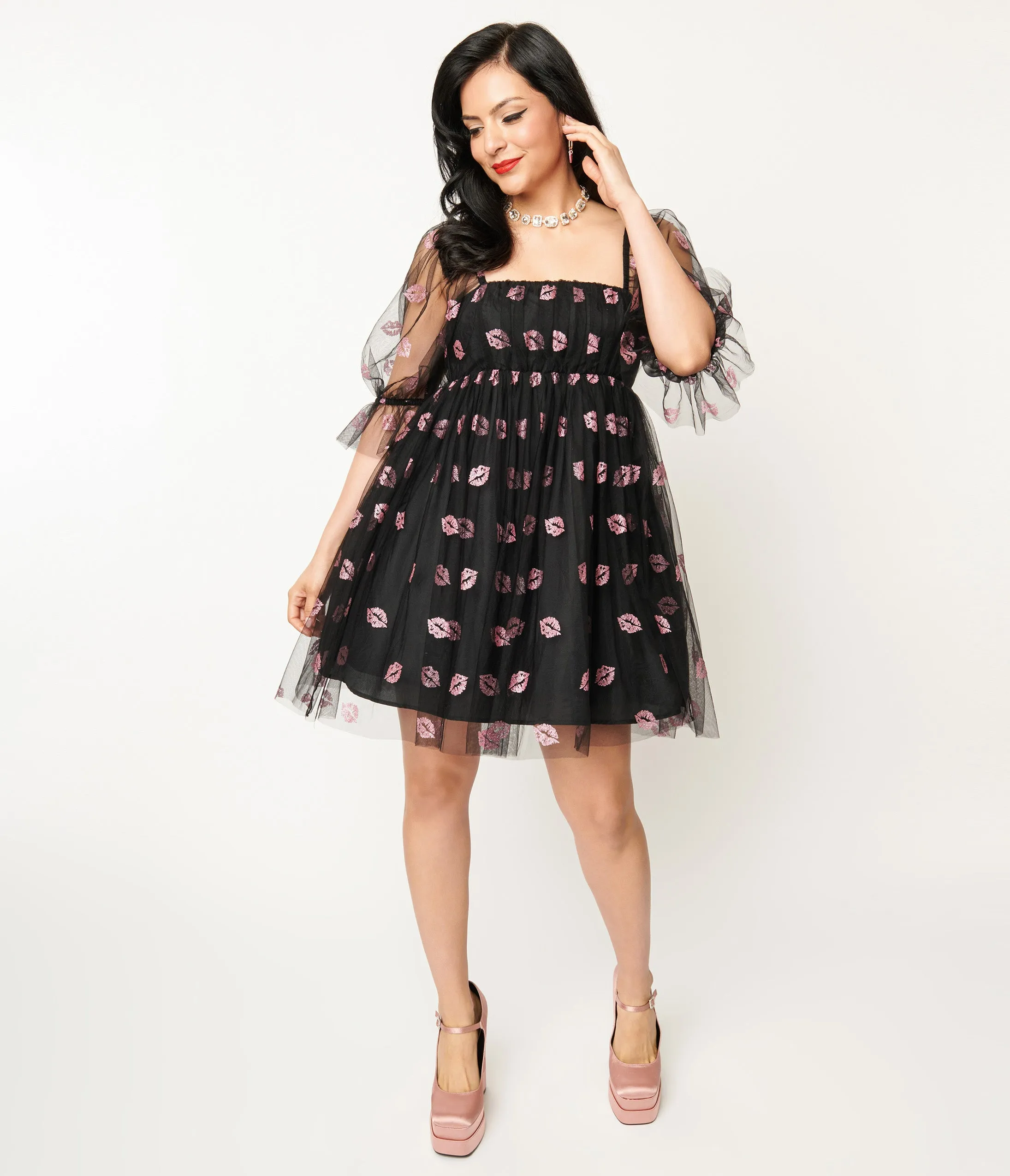 Smak Parlour Black & Pink Glitter Lips Love Interest Babydoll Dress