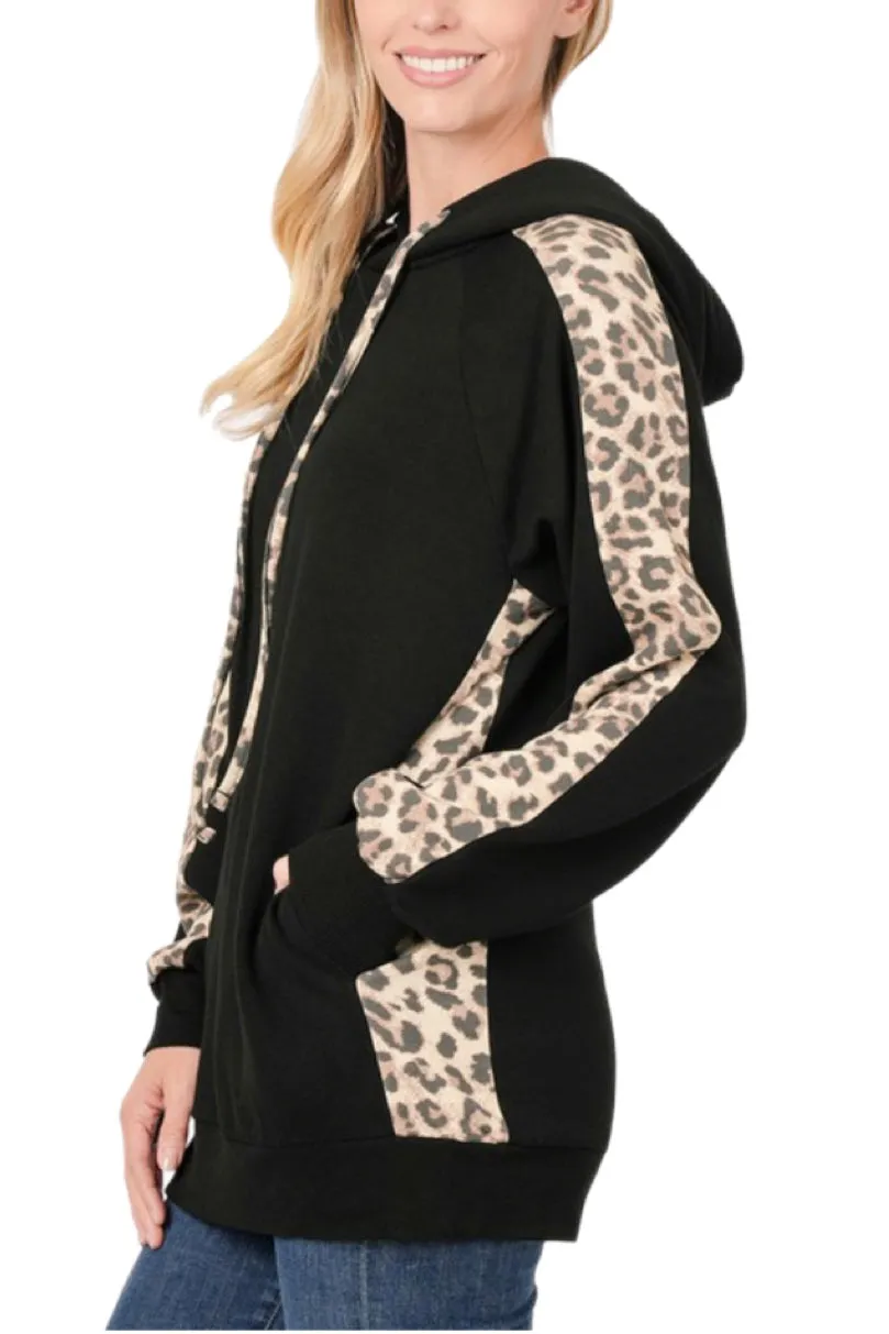 Soft Leopard Accent Hoodie Style 4526 in Black