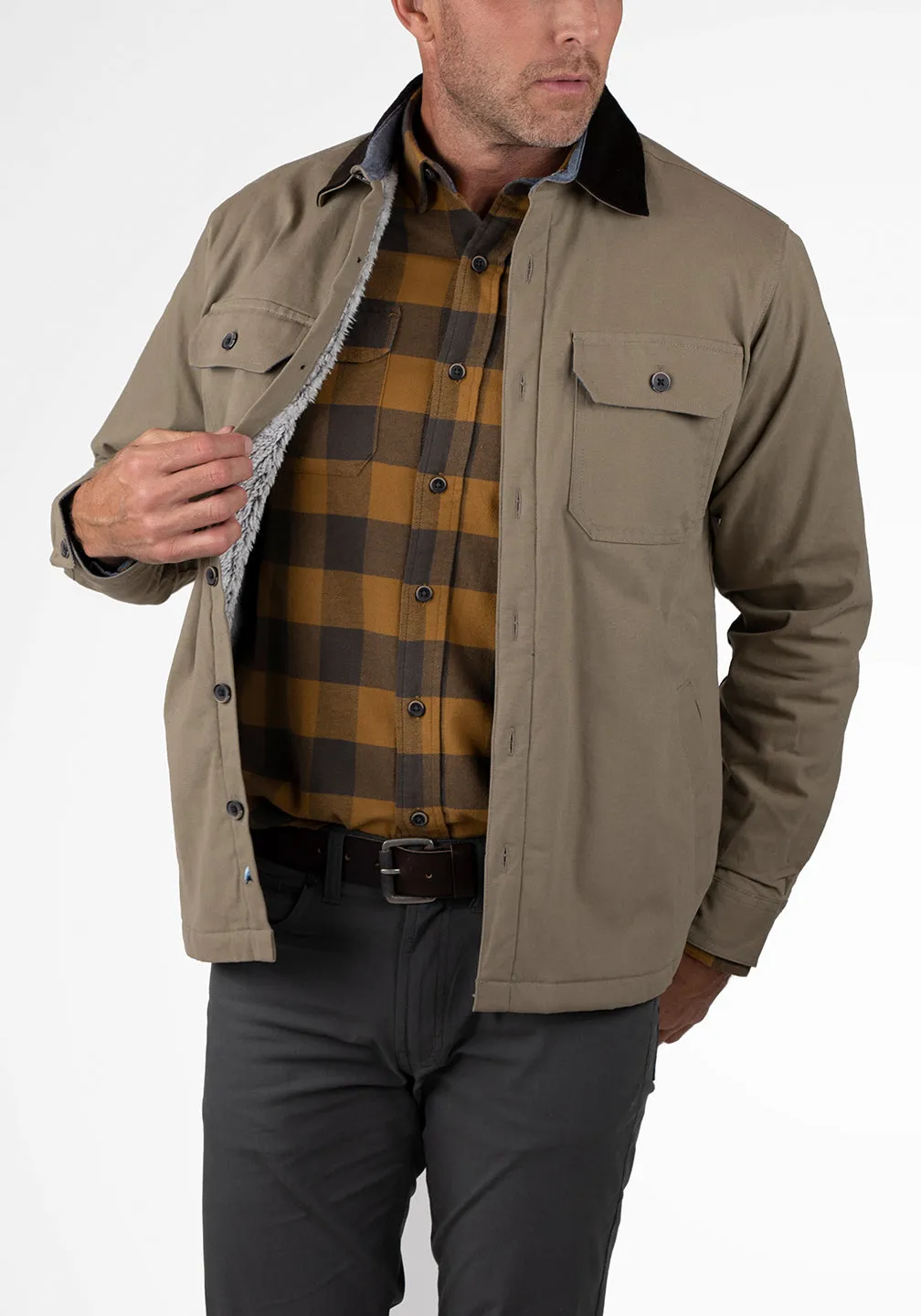 Stretch Canvas Shirt Jacket With Sherpa Lining