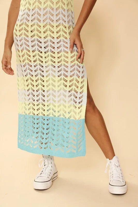 TEEK - Cream Multicolor Knit Color Block Cover Up Dress