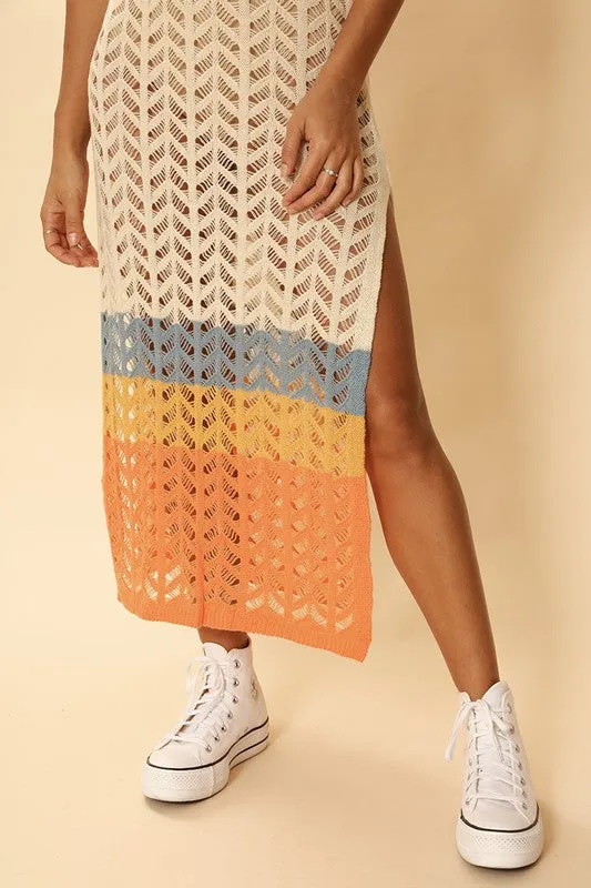 TEEK - Cream Multicolor Knit Color Block Cover Up Dress