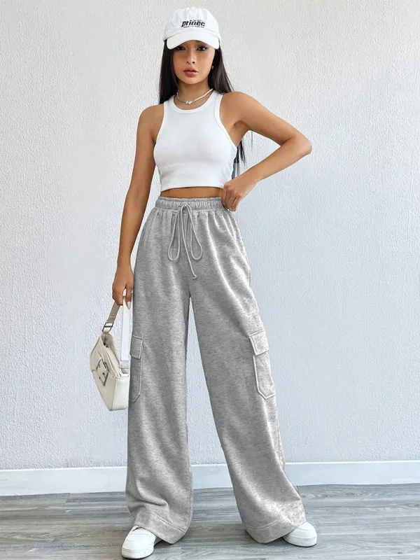 TEEK - Grey Workwear Wide Leg High-Waist Pocketed Pants