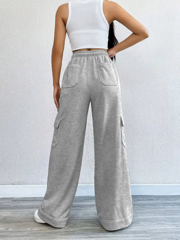 TEEK - Grey Workwear Wide Leg High-Waist Pocketed Pants