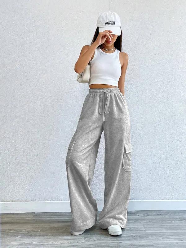 TEEK - Grey Workwear Wide Leg High-Waist Pocketed Pants