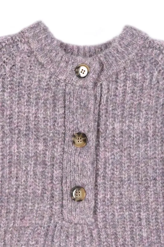 TEEK - Melange Texture Three Button Sweater Top