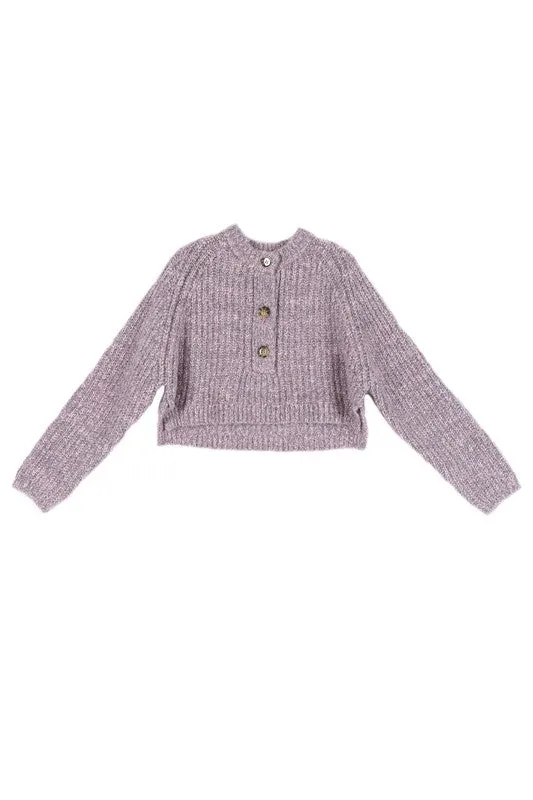 TEEK - Melange Texture Three Button Sweater Top