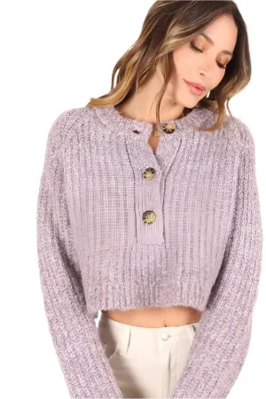 TEEK - Melange Texture Three Button Sweater Top