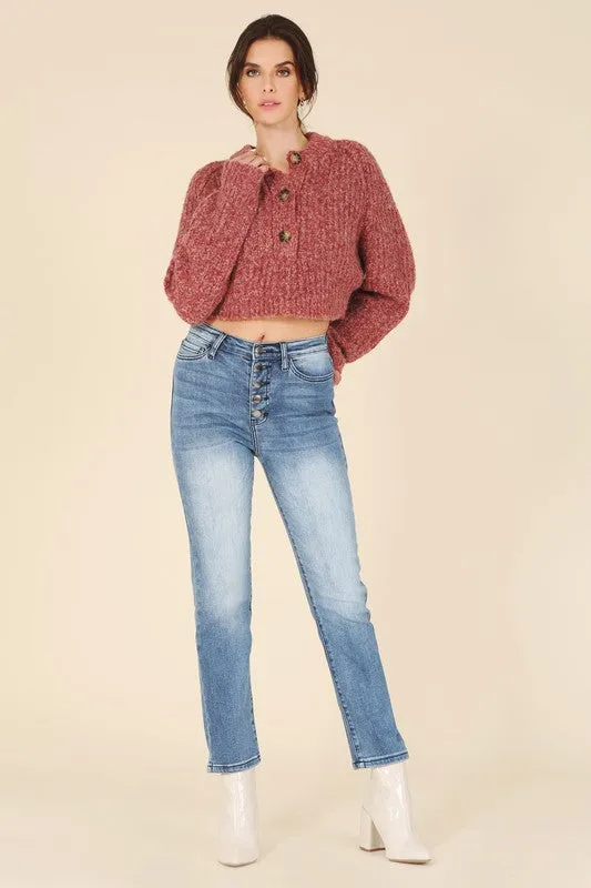 TEEK - Melange Texture Three Button Sweater Top