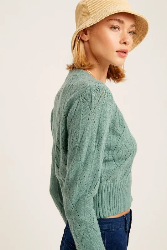 TEEK - V-neck Scallop Edge Jade Crop Knit Cardigan