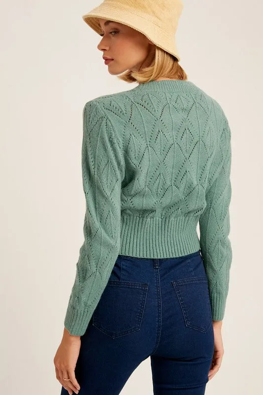 TEEK - V-neck Scallop Edge Jade Crop Knit Cardigan