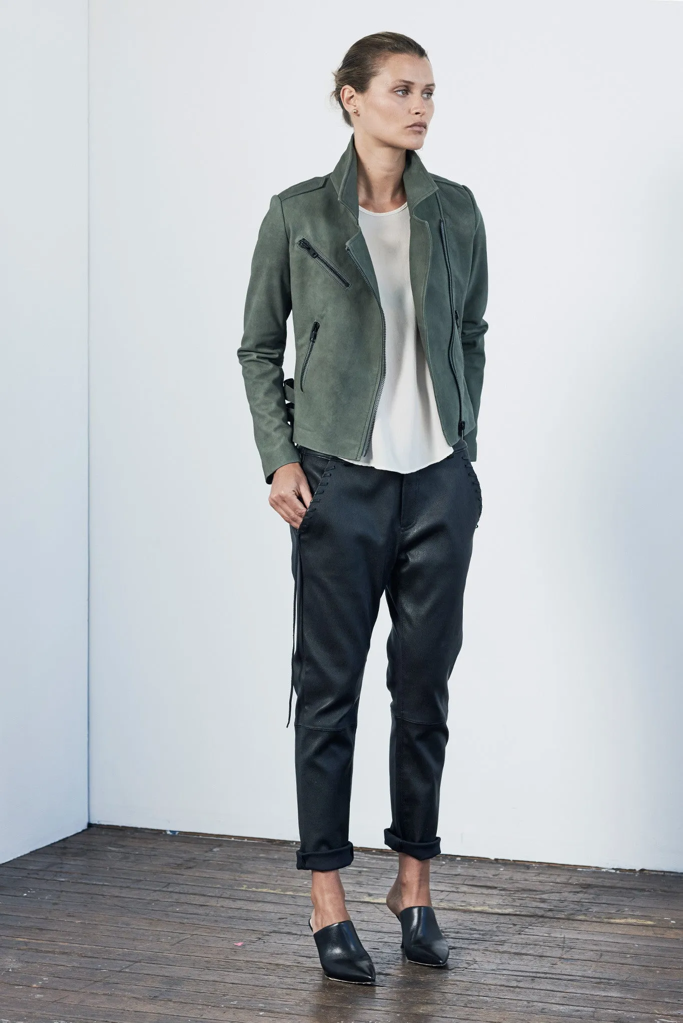 The New Yorker Motor Jacket Army Green Suede Leather